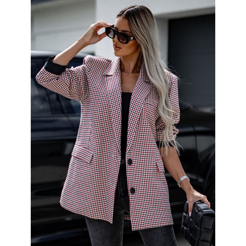 Women's Blazer Chic Plaid Turndown Collar Pockets Long Sleeves Coat Tailored Jacket Fall Winter