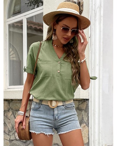 Women Shirt Green Tatting V-Neck Classic Buttons Short Sleeves Tops Classic  Traditional Summer