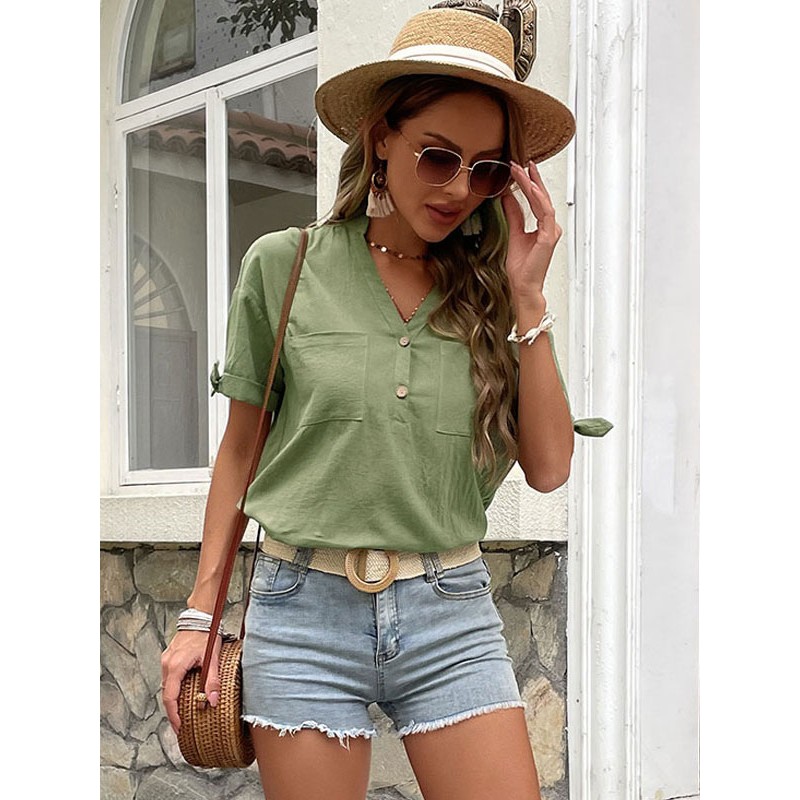 Women Shirt Green Tatting V-Neck Classic Buttons Short Sleeves Tops Classic  Traditional Summer