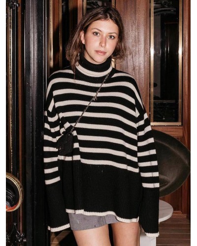 Women Pullovers Black Stripes High Collar Long Sleeves Wool Sweaters Classic  Traditional Casual Fall Winter