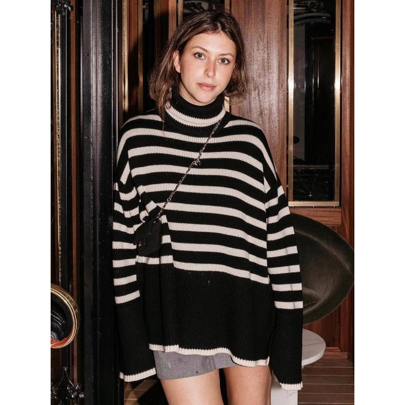 Women Pullovers Black Stripes High Collar Long Sleeves Wool Sweaters Classic  Traditional Casual Fall Winter