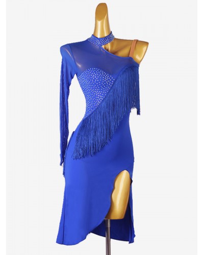 Latin Dance Costume Royal Blue Women's Lycra Spandex Dress Backless Elegant Rhinestones Fringe Wear Dancing Holiday Ball