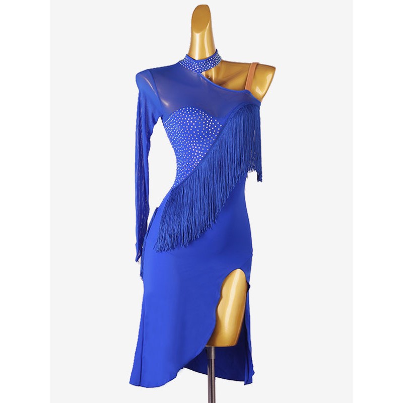 Latin Dance Costume Royal Blue Women's Lycra Spandex Dress Backless Elegant Rhinestones Fringe Wear Dancing Holiday Ball