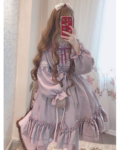 Lolita OP Dress Provence Lavender Ruffle Bow Lolita One Piece Dress Sweet Spring Fall Daily Casual Tea Party