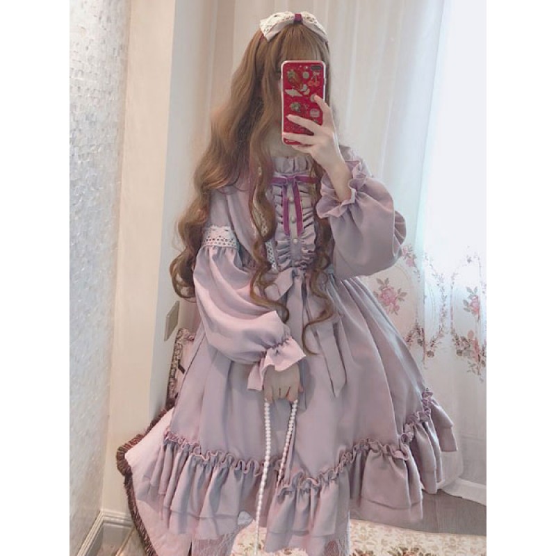 Lolita OP Dress Provence Lavender Ruffle Bow Lolita One Piece Dress Sweet Spring Fall Daily Casual Tea Party