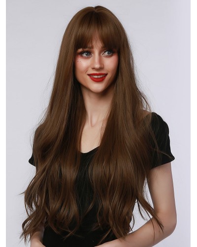 Girls Women Long Wig Coffee Brown Heat-Resistant Fiber Layered Long Synthetic Wigs Daily Casual Pageant