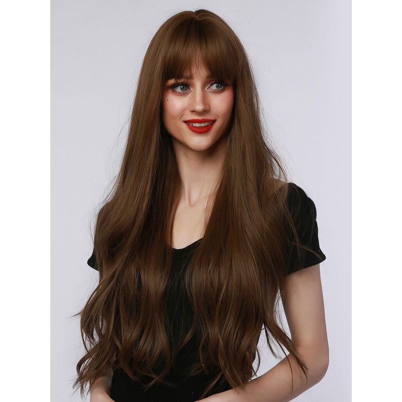 Girls Women Long Wig Coffee Brown Heat-Resistant Fiber Layered Long Synthetic Wigs Daily Casual Pageant