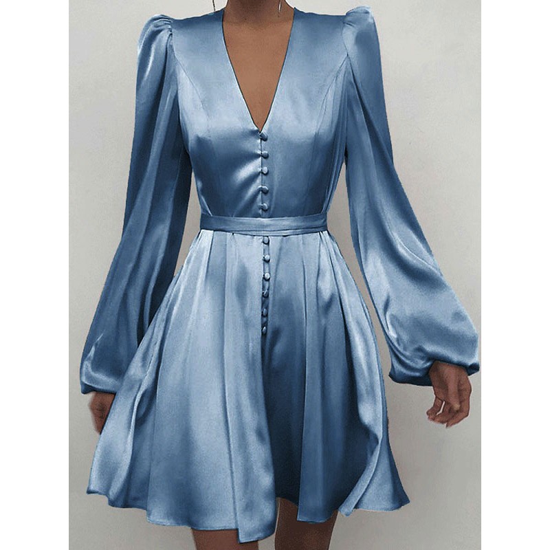 Women Skater Dresses V-Neck Long Sleeves Fit And Flare Dress Casual Fall