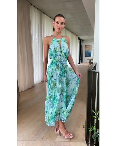 Print Maxi Dresses Floral Sleeveless Halter Layered Pleated Backless Long Summer Dresses Sexy Elegant Party Resort Wear