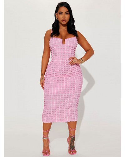 Women Barbie Pink Gingham Dresses Sleeveless Sexy U-Neck Backless Sheath Dress Bodycon Spring Summer Fall