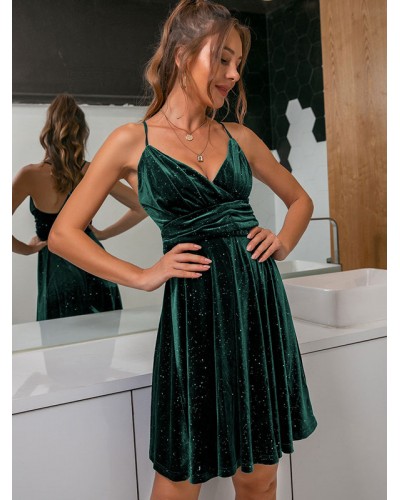 Velvet Dresses Dark Green V-Neck Sleeveless Semi Formal Dress Bodycon Party Dating