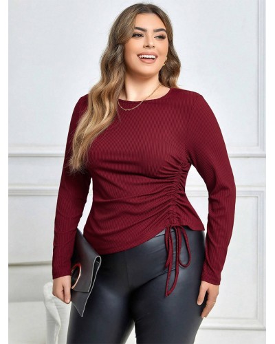 Long Sleeves Tees Burgundy Drawstring Jewel Neck Polyester Women Tee Casual Daily Casual