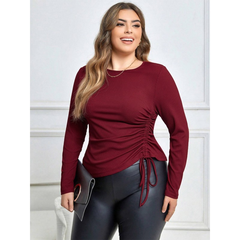 Long Sleeves Tees Burgundy Drawstring Jewel Neck Polyester Women Tee Casual Daily Casual