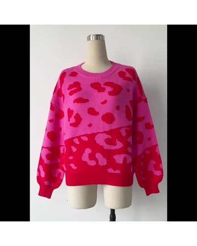 Women Pullover Sweater Rose Leopard Print Jewel Neck Long Sleeves Acrylic Sweaters Casual Spring Fall Winter