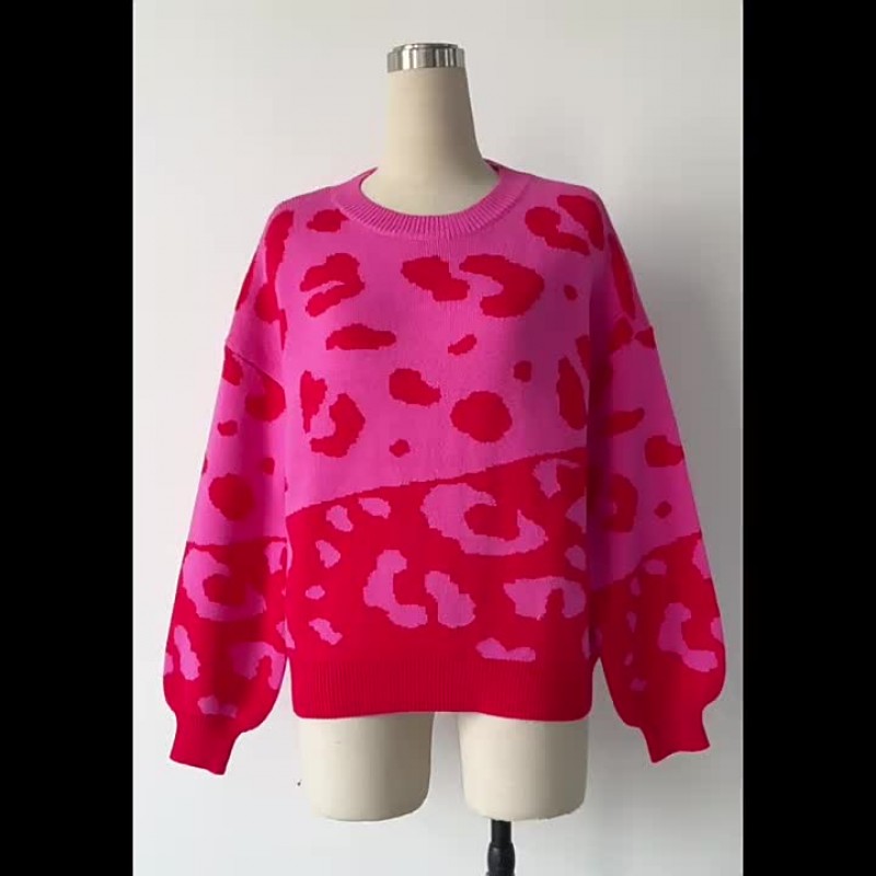 Women Pullover Sweater Rose Leopard Print Jewel Neck Long Sleeves Acrylic Sweaters Casual Spring Fall Winter