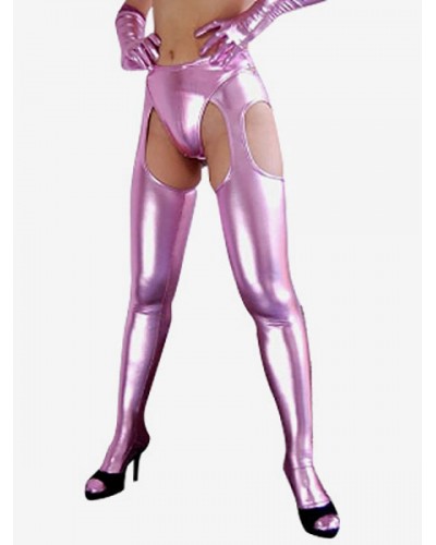 Halloween Pink Sexy Crotchless Shiny Metallic Skinny Tights Pants