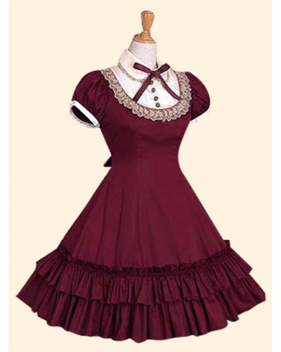 Sweet Lolita Dress OP Burgundy Stand Collar Short Sleeve Lolita One Piece Dress Spring Summer Fall Winter