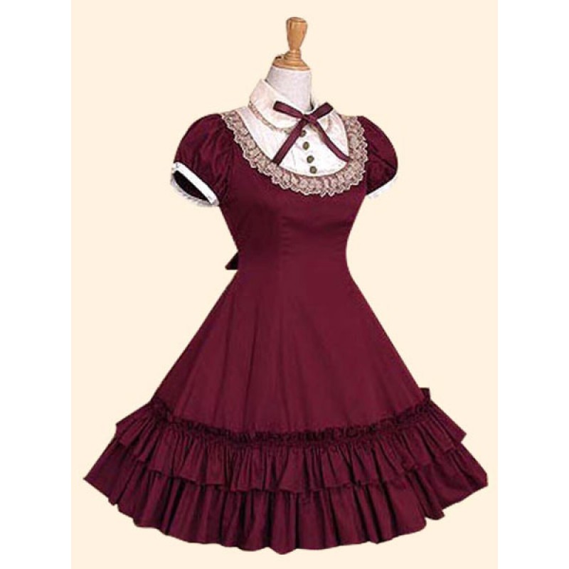 Sweet Lolita Dress OP Burgundy Stand Collar Short Sleeve Lolita One Piece Dress Spring Summer Fall Winter