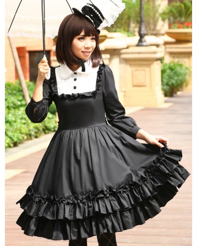 Black Loltia One-piece Dress Long Sleeves Layered Ruffles Gothic Fall Daily Casual