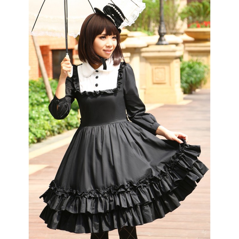 Black Loltia One-piece Dress Long Sleeves Layered Ruffles Gothic Fall Daily Casual