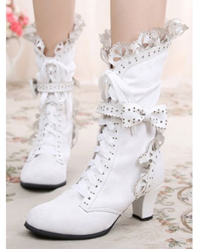 Rococo Lolita Ankle Boots Round Toe Prism Heel Lace Up Bows White Lolita Winter Booties