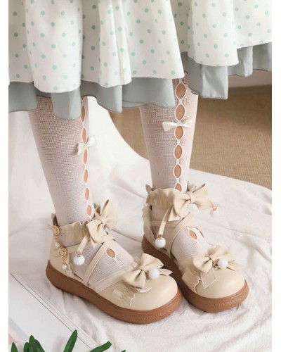 Sweet Lolita Footwear White Bows Ruffles PU Leather Flat Lolita Shoes