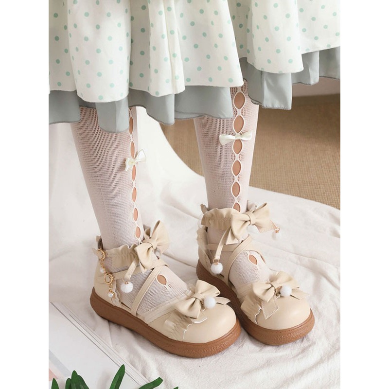 Sweet Lolita Footwear White Bows Ruffles PU Leather Flat Lolita Shoes