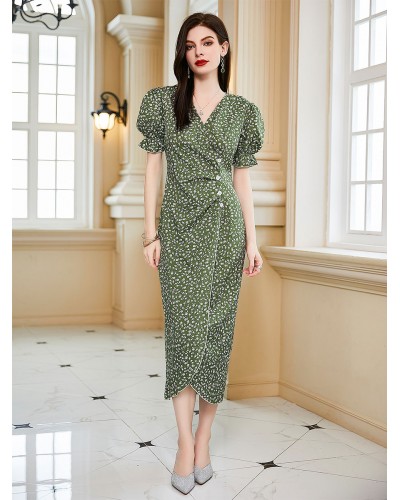 Women Summer Midi Dress Green V-Neck Buttons Floral Print Beach Dress Casual Street Wear Daily Casual Party