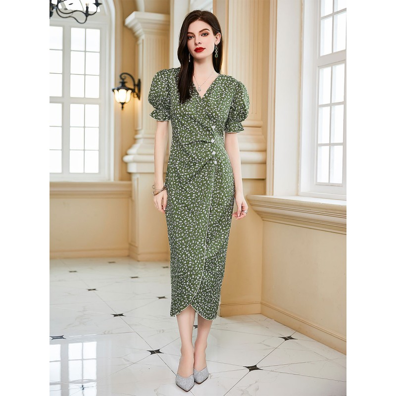 Women Summer Midi Dress Green V-Neck Buttons Floral Print Beach Dress Casual Street Wear Daily Casual Party