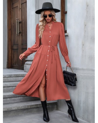 Midi Dress V-Neck Button Long Sleeves Belted Dresses Bodycon Spring Fall