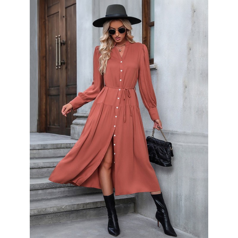 Midi Dress V-Neck Button Long Sleeves Belted Dresses Bodycon Spring Fall