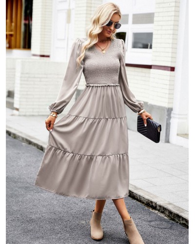 Women Midi Dresses V-Neck Long Sleeves Pleated Layered Chic Fit And Flare Dress Chic  Modern Casual Spring Fall Winter