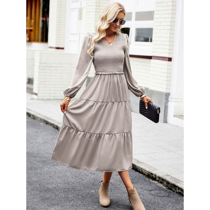 Women Midi Dresses V-Neck Long Sleeves Pleated Layered Chic Fit And Flare Dress Chic  Modern Casual Spring Fall Winter