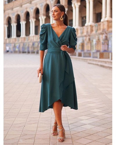 Women Party Dresses Dark Green V-Neck Lace Up Half Sleeves Irregular Semi Formal Dress Chic  Modern Casual Summer