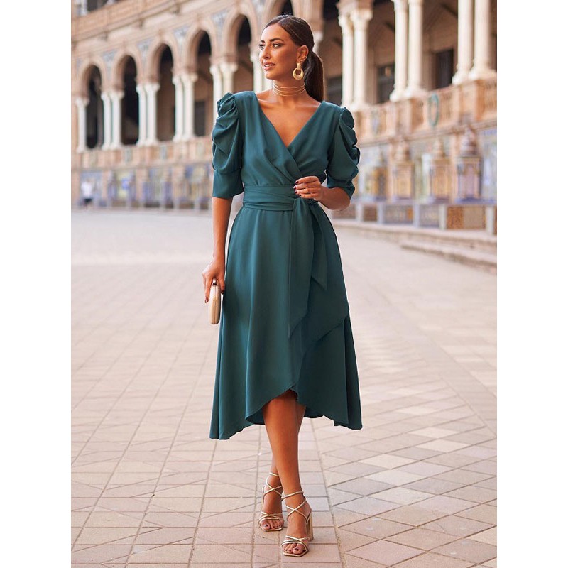 Women Party Dresses Dark Green V-Neck Lace Up Half Sleeves Irregular Semi Formal Dress Chic  Modern Casual Summer