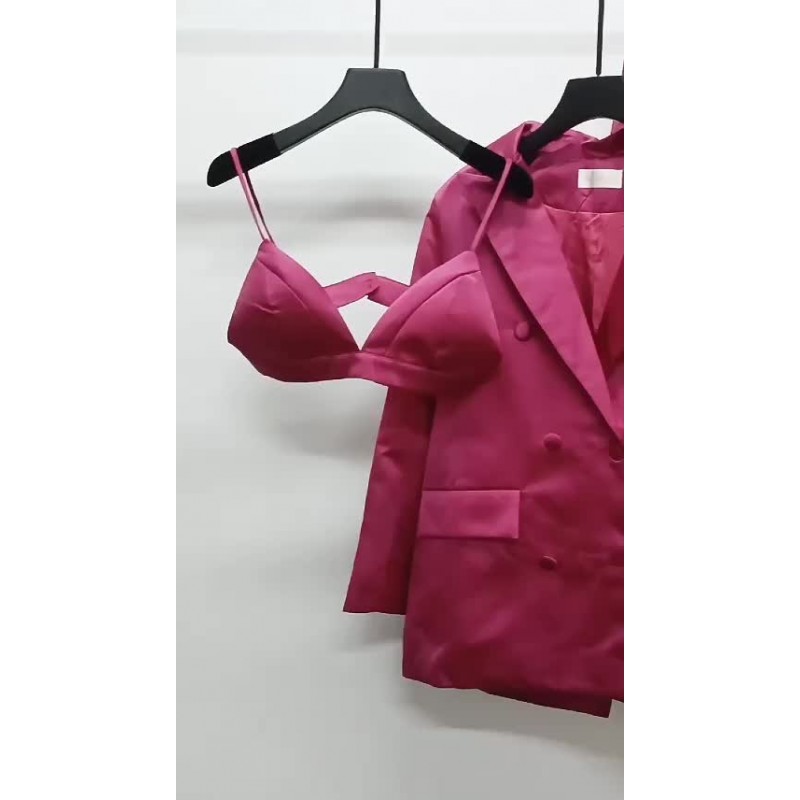 Women Three Piece Sets Spring Outerwear Turndown Collar Satin Blazer Jacket Rose Mini Skirt Outfit Sexy Fall