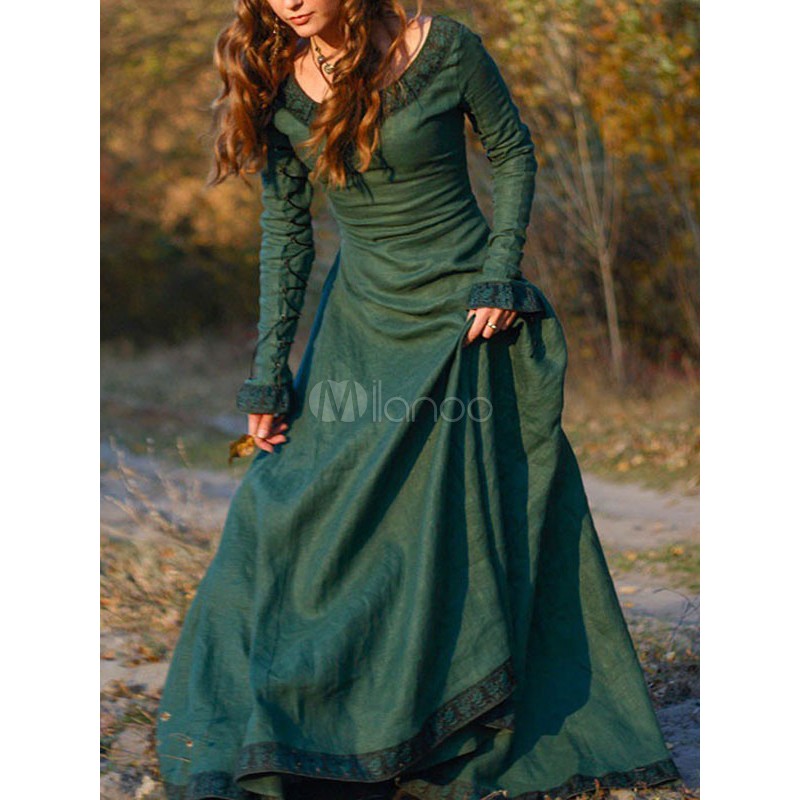 Medieval Vintage Dress Brown Layered Long Sleeves Swing Dress Cosplay Costume Carnival Euro-Style Middle Ages Holiday