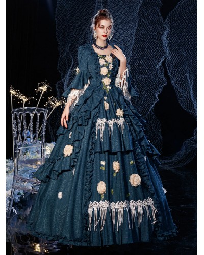 Women Rococo Victorian Retro Costume Dress Layered Floral Print Navy Blue Cosplay Costume Carnival Euro-Style ROCOCO