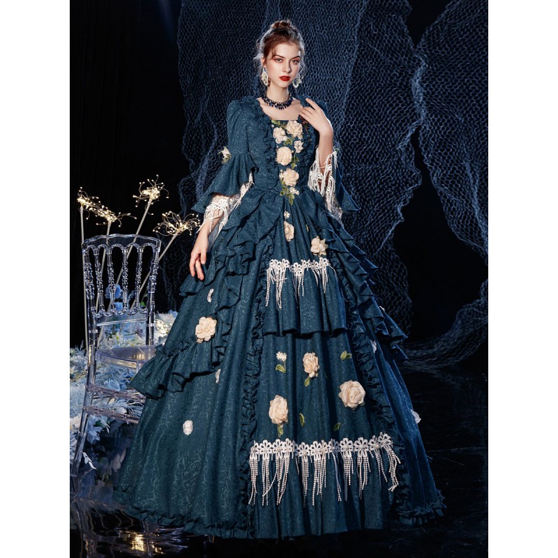 Women Rococo Victorian Retro Costume Dress Layered Floral Print Navy Blue Cosplay Costume Carnival Euro-Style ROCOCO