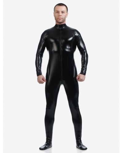 Men Black Adults Bodysuit Shiny Metallic Catsuit For Solid