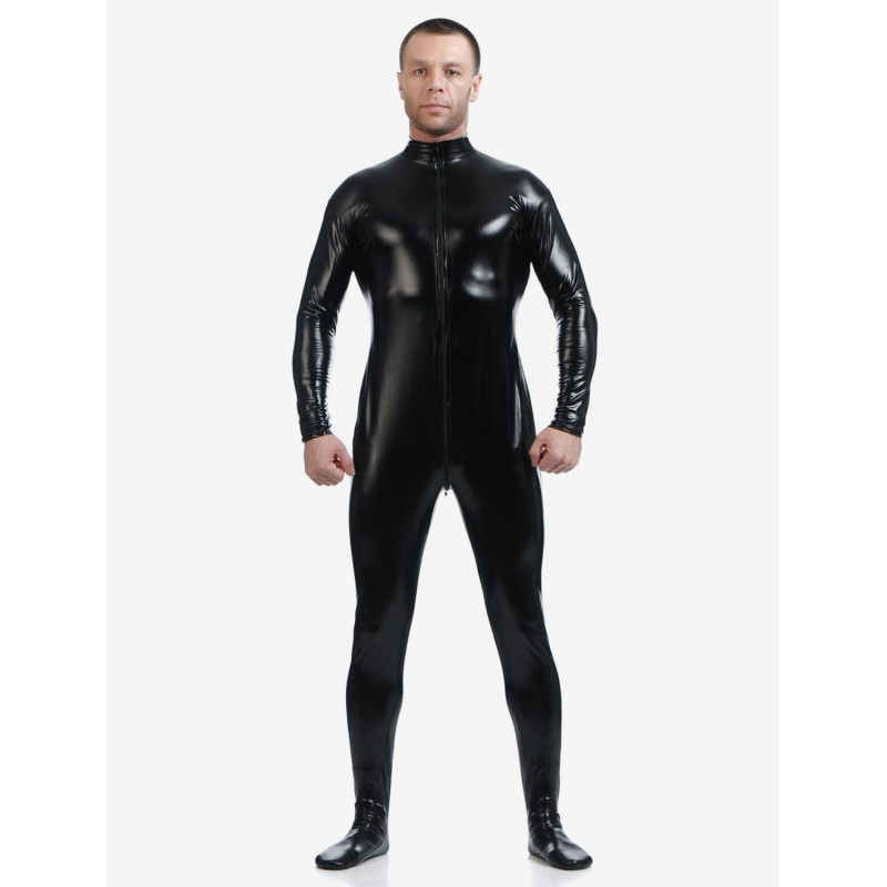 Men Black Adults Bodysuit Shiny Metallic Catsuit For Solid