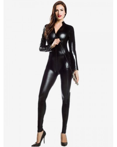 Black Adults Bodysuit Sexy Shiny Metallic Catsuit For Women