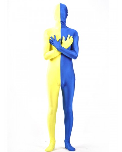 Unisex Morph Suit Yellow And Blue Patchwork Zentai Suit Full Body Lycra Spandex Bodysuit