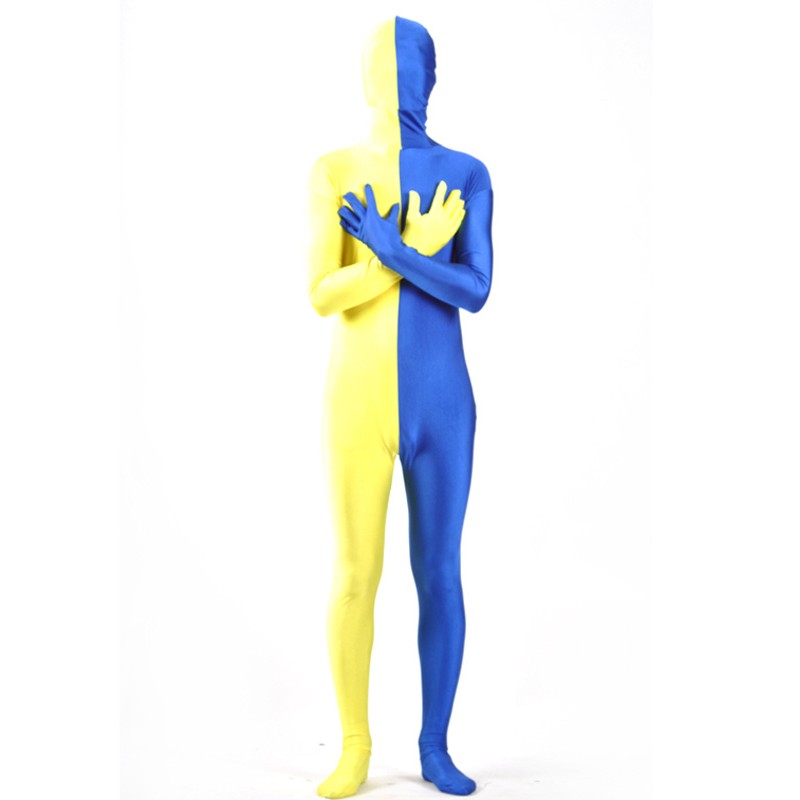 Unisex Morph Suit Yellow And Blue Patchwork Zentai Suit Full Body Lycra Spandex Bodysuit