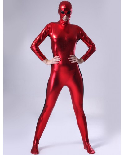 Women Morph Suit Red Shiny Metallic Catsuit With Mouth And Eyes Opened 's Body Suit Solid