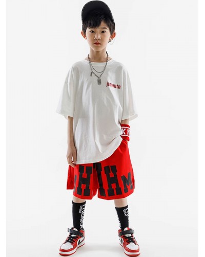 Dance Costumes Kid's Red+White Unisex Pants Top Set Cotton Street Costume Hip Hop Dancing Party