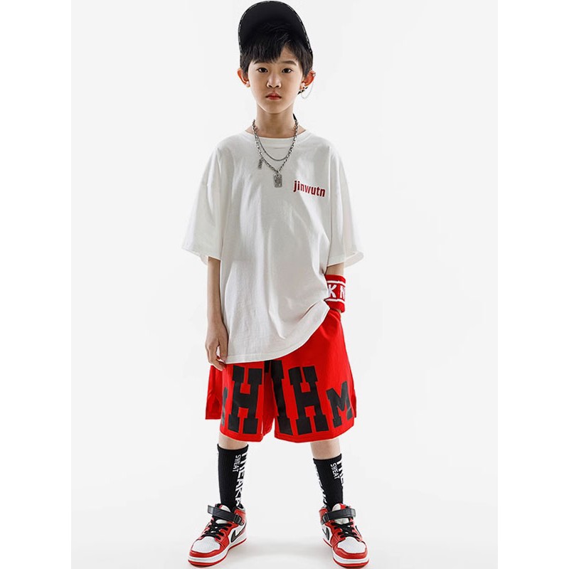 Dance Costumes Kid's Red+White Unisex Pants Top Set Cotton Street Costume Hip Hop Dancing Party