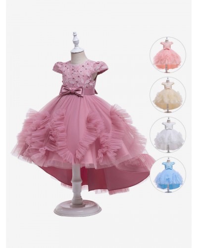 Polyester Daily Casual Pearls Short Sleeves Polyester Spring Dress Pink Kids' Lolita Dresses