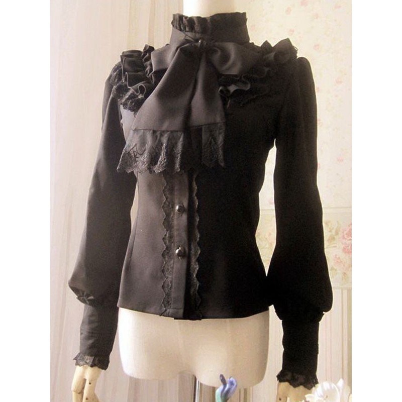 White Chiffon Lolita Blouse Long Sleeves High Collar Big Bow Tie Lace Trim Sweet Daily Casual