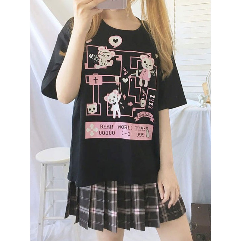 Lolita Blouse For Women Black Polyester Jewel Neck Short Sleeves Casual T-Shirt